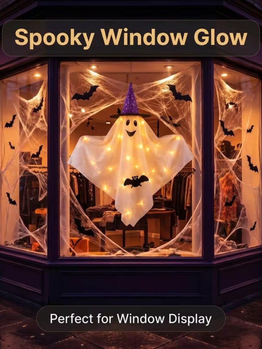 Hanging Halloween Ghost Decoration with Warm LED String Lights & Bat Print